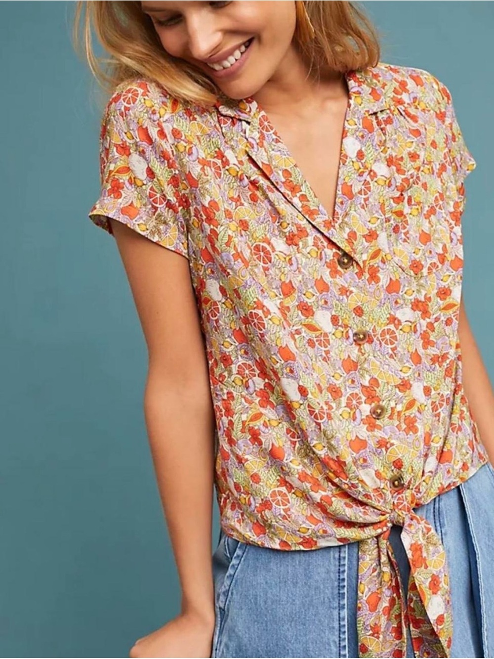 Maeve x Anthropologie Fruit and Floral Knot Tie Front Top